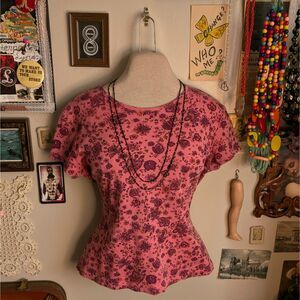 Y2K Floral Print Baby T-Shirt Women's Large/XL Pink Purple Fitted Boho Grunge